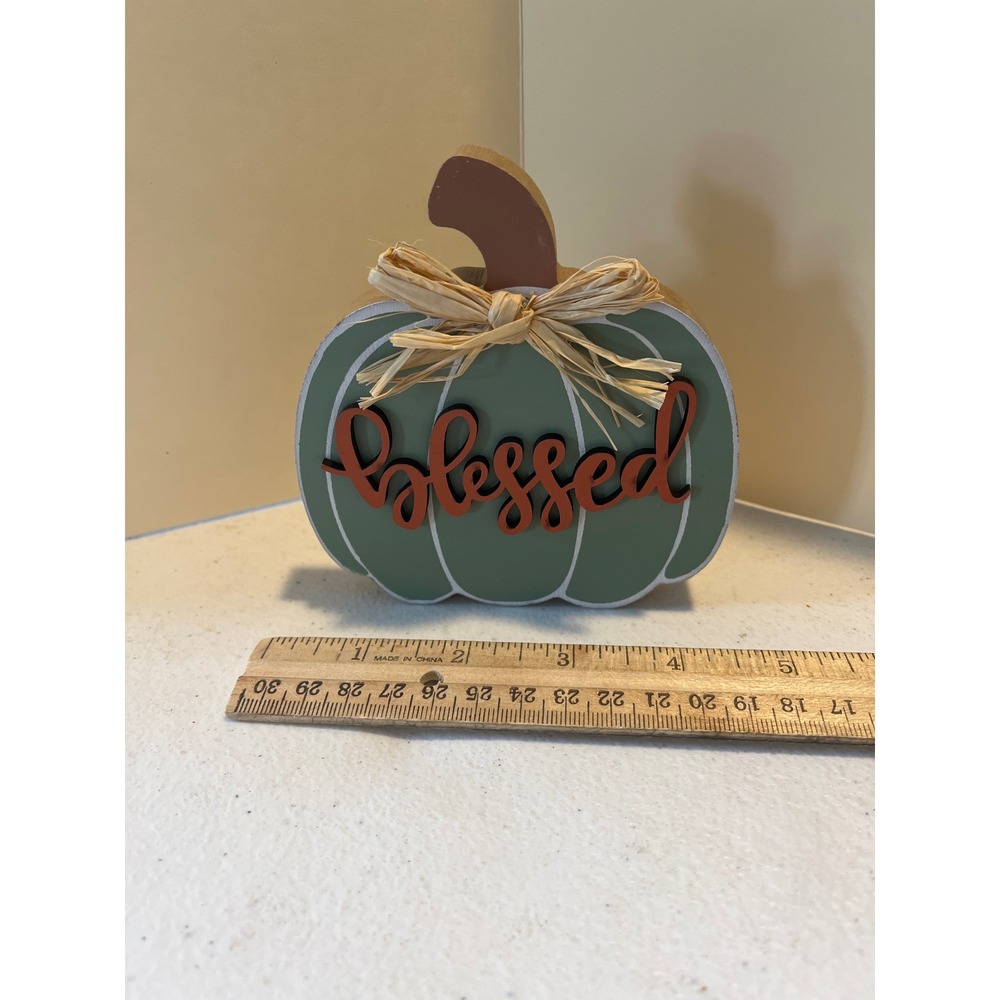 Sage Green Wooden Blessed Pumpkin Fall Tabletop Decor Raffia Bow Farmhouse